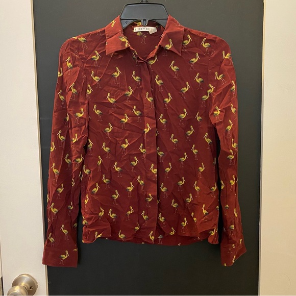 Alice + Olivia Willa Bird-Print Silk Shirt Size XP - Picture 4 of 10